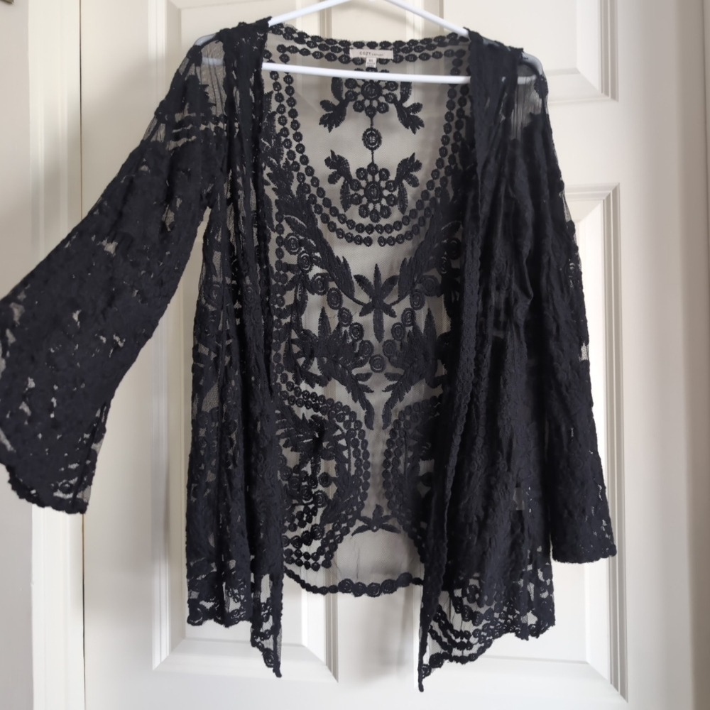 Black bell sleeve open front sheer mesh lace top